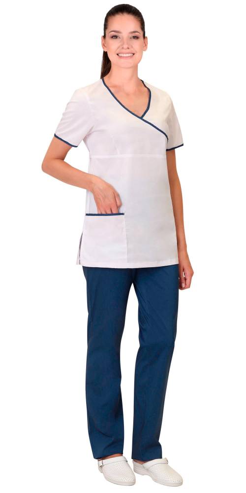 Костюм медицинский Вирджиния женский блуза/брюки белый/синий тк.Смесовая (арт.с-122175)